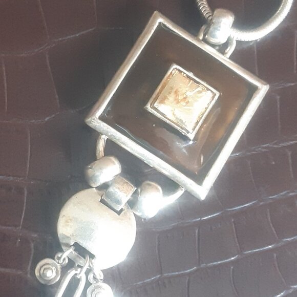 Vintage Pendant Necklace Silver Tone Metal 26" Brown, Orange & Silver Pendant - Picture 4 of 8